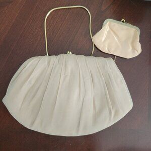 Vintage Beige Pleated Clutch Purse Matching Coin Pouch Satin Lining Chain Handle